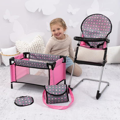 Bayer Deluxe Set Puppen Kinderspielzeug + Zubehör Puppenhochstuhl Reisebett