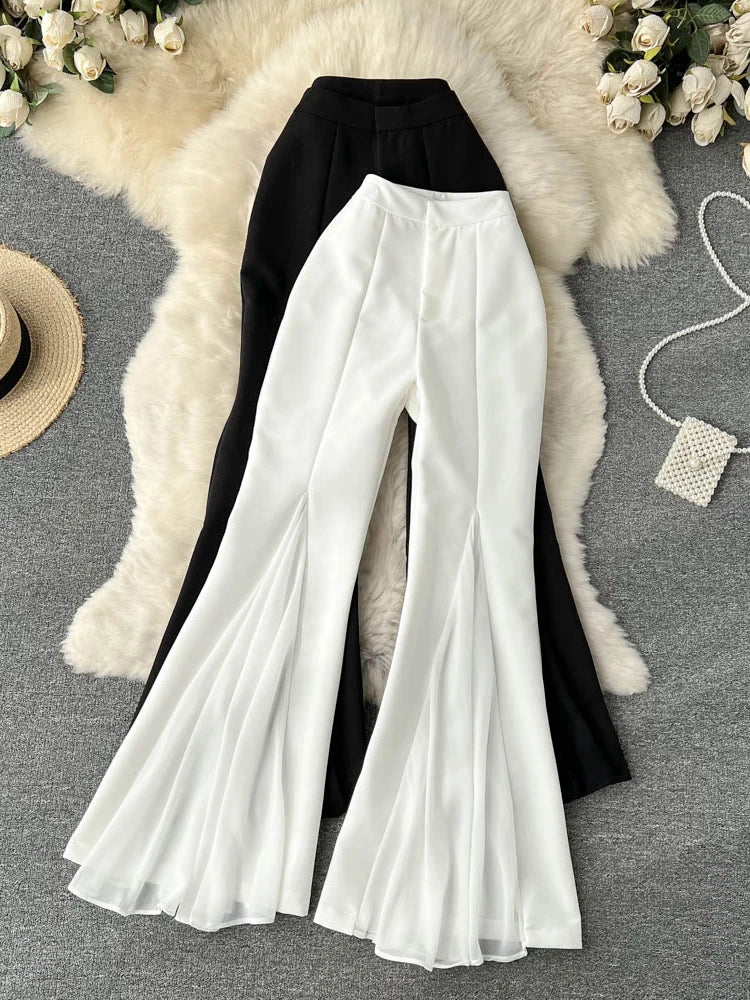 Autumn Women Mesh Patchwork Irregular Flare Pants Female Elegant High Waist Street Style Trousers New Fashion