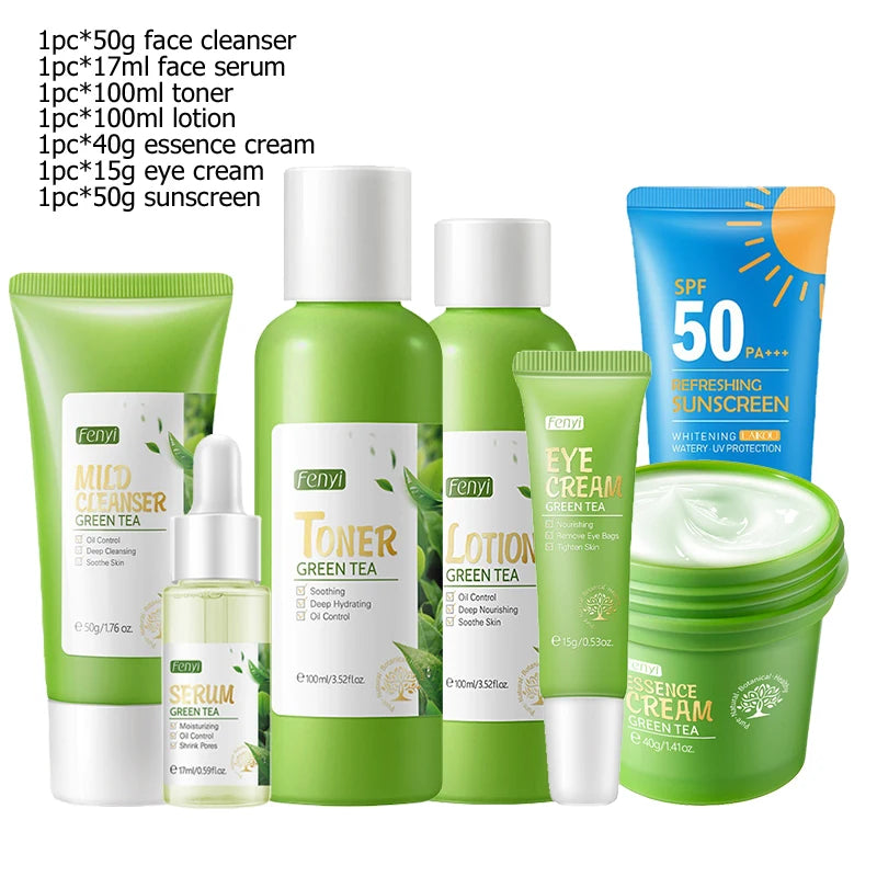 Green Tea Facial Kit Korean Cosmetics Acne Treatment Face Serum Eye Cream Fresh Sunscreen Face Care Nourish Sakura Skin Care Set