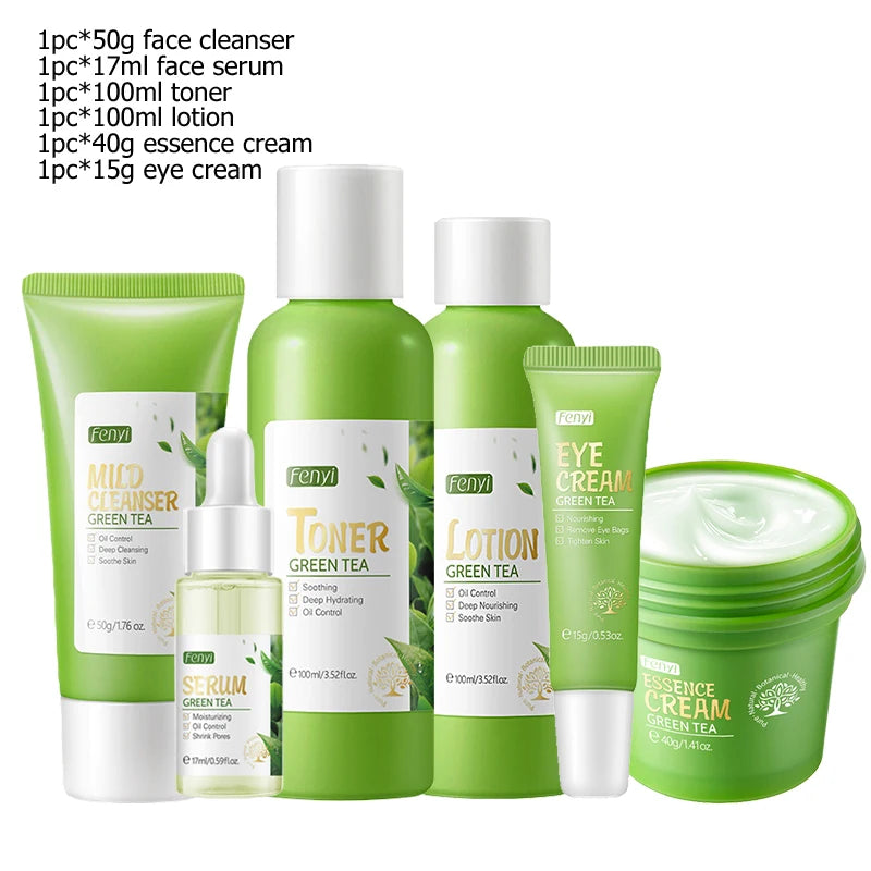 Green Tea Facial Kit Korean Cosmetics Acne Treatment Face Serum Eye Cream Fresh Sunscreen Face Care Nourish Sakura Skin Care Set