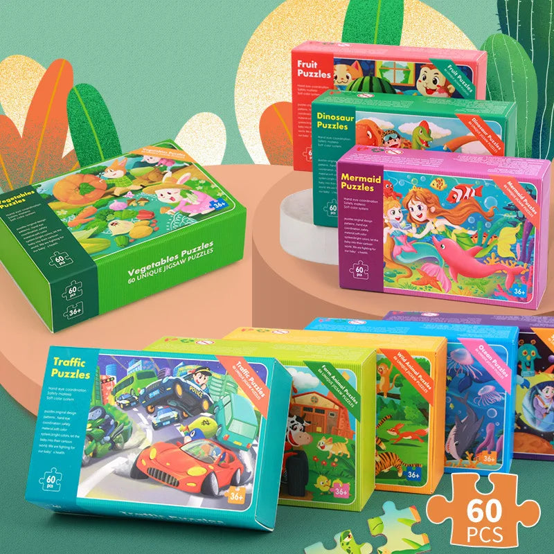 Jigsaw Puzzle Cartoon Animal Fruit Puzzles for Kids Educational Learning Toys Children Montessori Games 60-Piece Paper