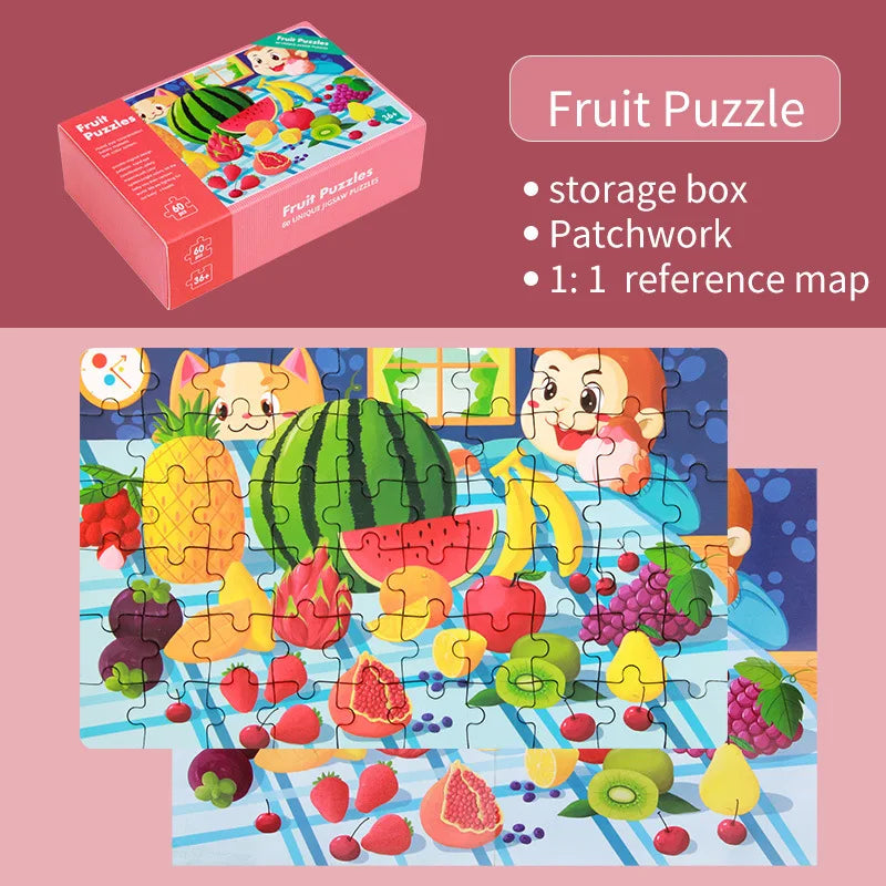 Jigsaw Puzzle Cartoon Animal Fruit Puzzles for Kids Educational Learning Toys Children Montessori Games 60-Piece Paper