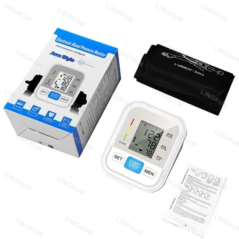 LCD Upper Arm Electronic Blood Pressure Monitor Home Automatic Digital Sphygmomanometer Tonometer Heart Rate Tensiometer