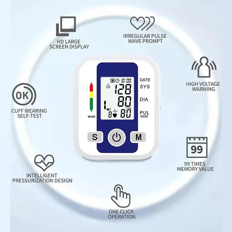 LCD Upper Arm Electronic Blood Pressure Monitor Home Automatic Digital Sphygmomanometer Tonometer Heart Rate Tensiometer