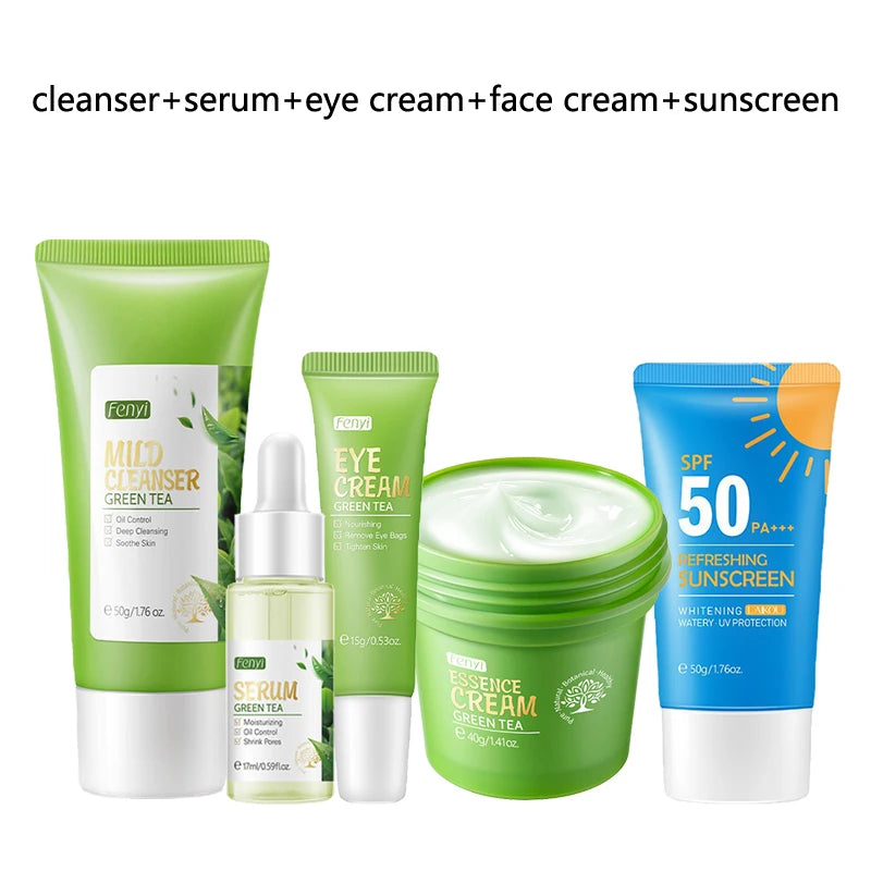 Green Tea Facial Kit Korean Cosmetics Acne Treatment Face Serum Eye Cream Fresh Sunscreen Face Care Nourish Sakura Skin Care Set