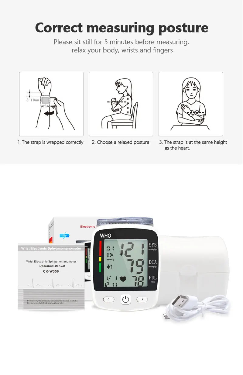 Wrist Cuff  Blood Pressure Monitor Electronic Sphygmomanometer Rechargeable Digital Tensiometer Large Screen Friendly to Elderly