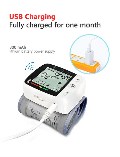 Wrist Cuff  Blood Pressure Monitor Electronic Sphygmomanometer Rechargeable Digital Tensiometer Large Screen Friendly to Elderly