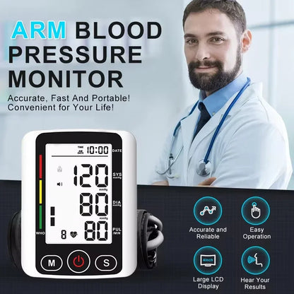 LCD Upper Arm Electronic Blood Pressure Monitor Home Automatic Digital Sphygmomanometer Tonometer Heart Rate Tensiometer