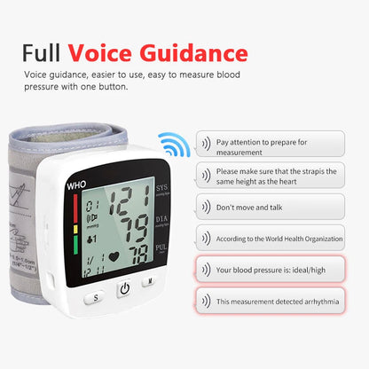 Wrist Cuff  Blood Pressure Monitor Electronic Sphygmomanometer Rechargeable Digital Tensiometer Large Screen Friendly to Elderly