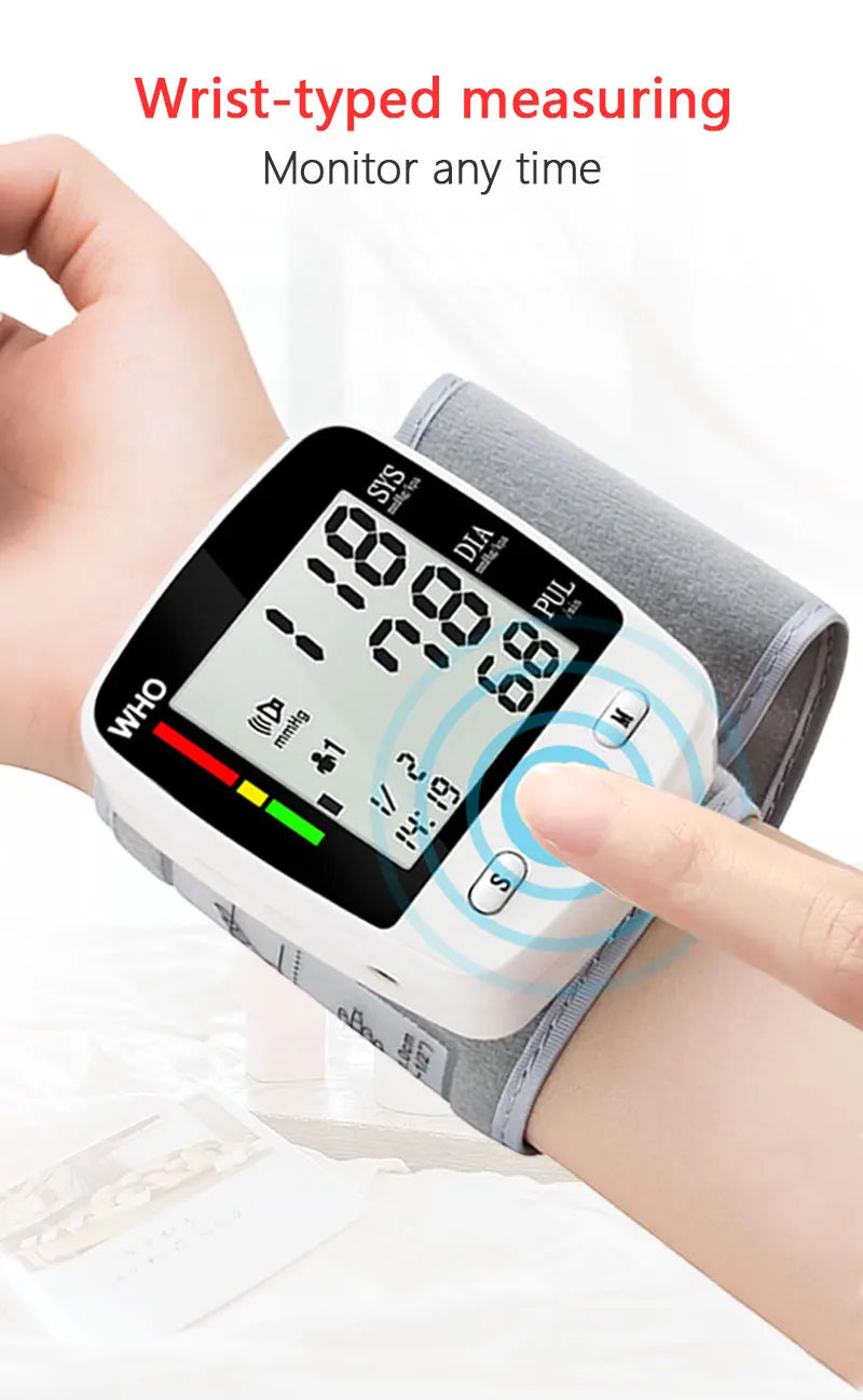 Wrist Cuff  Blood Pressure Monitor Electronic Sphygmomanometer Rechargeable Digital Tensiometer Large Screen Friendly to Elderly