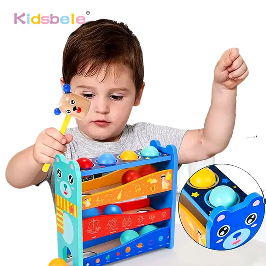 Children 4 Tracks Montessori Wooden Hammering Toy For Kids Fine Motor Skills Learning Color Matching Rolling Balls Party Game