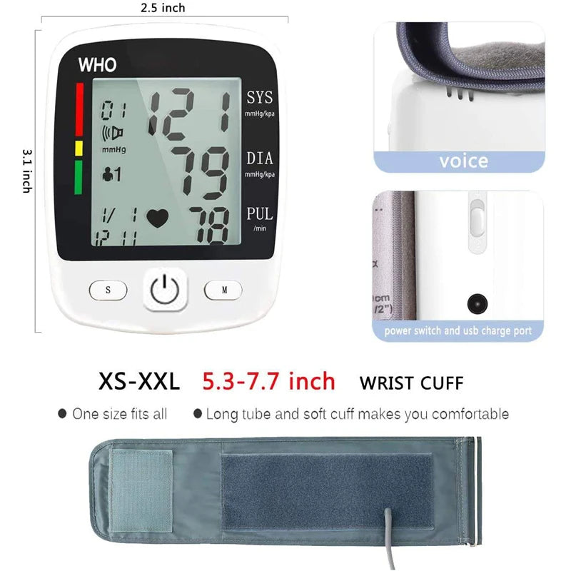 Wrist Cuff  Blood Pressure Monitor Electronic Sphygmomanometer Rechargeable Digital Tensiometer Large Screen Friendly to Elderly