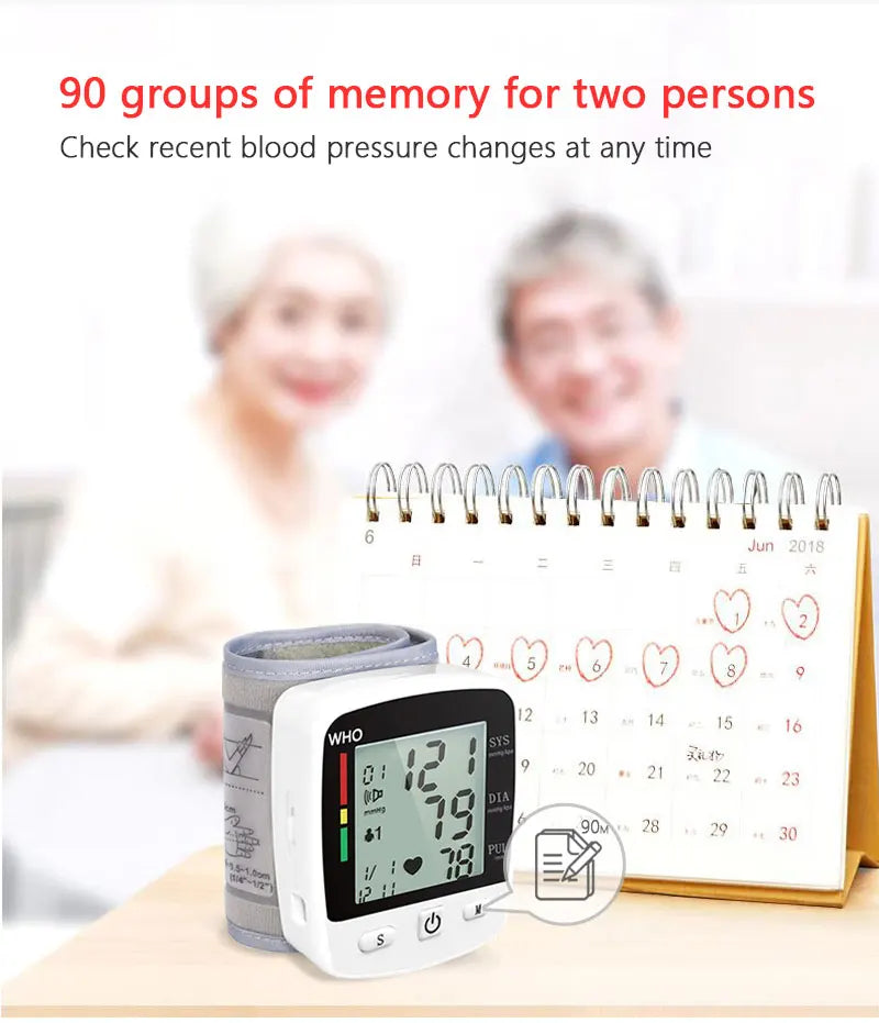 Wrist Cuff  Blood Pressure Monitor Electronic Sphygmomanometer Rechargeable Digital Tensiometer Large Screen Friendly to Elderly