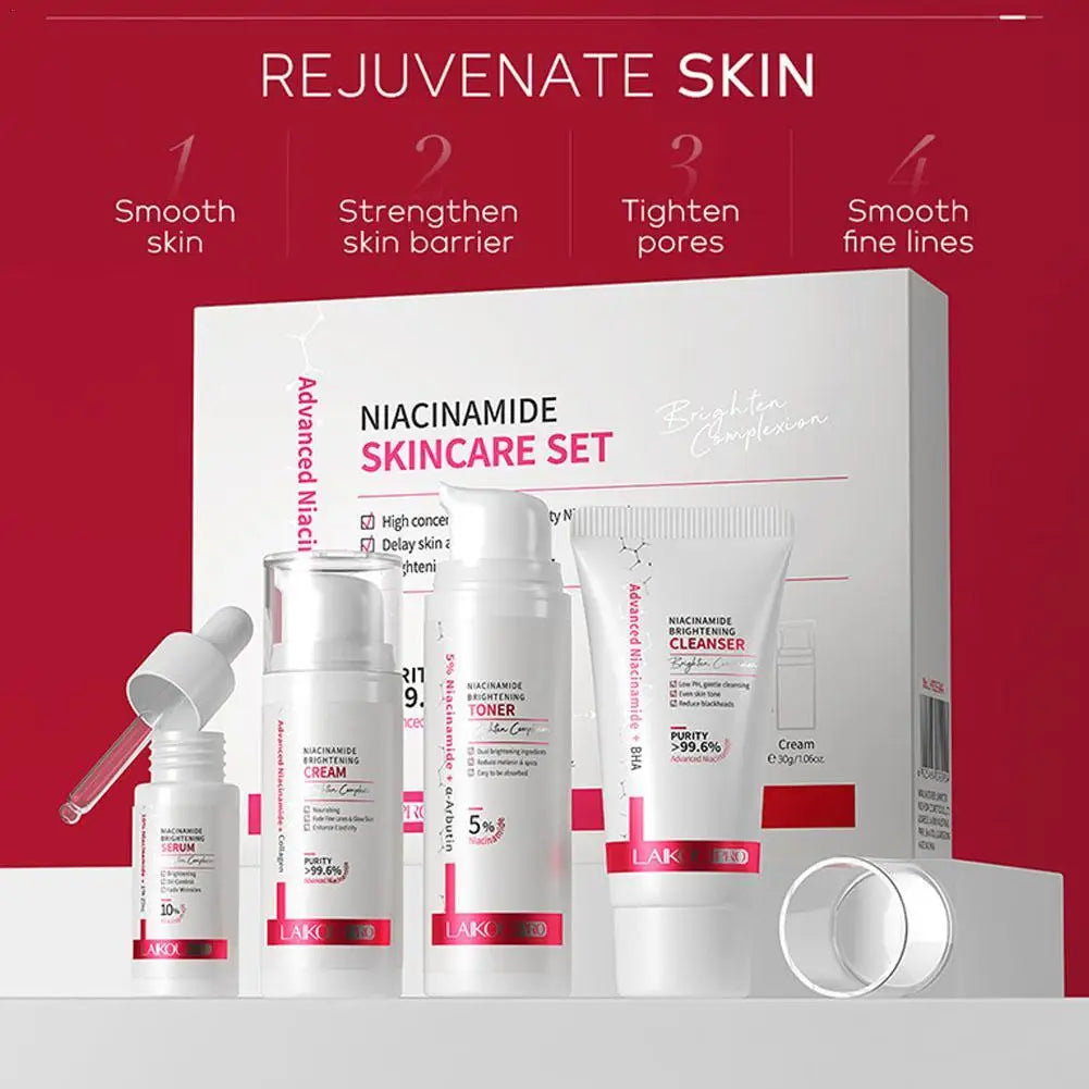 Niacinamid-Hautpflegeset 4/5-tlg. – Creme, Serum, Toner & Reiniger für Aufhellung, Mitesserreduktion & Feuchtigkeit