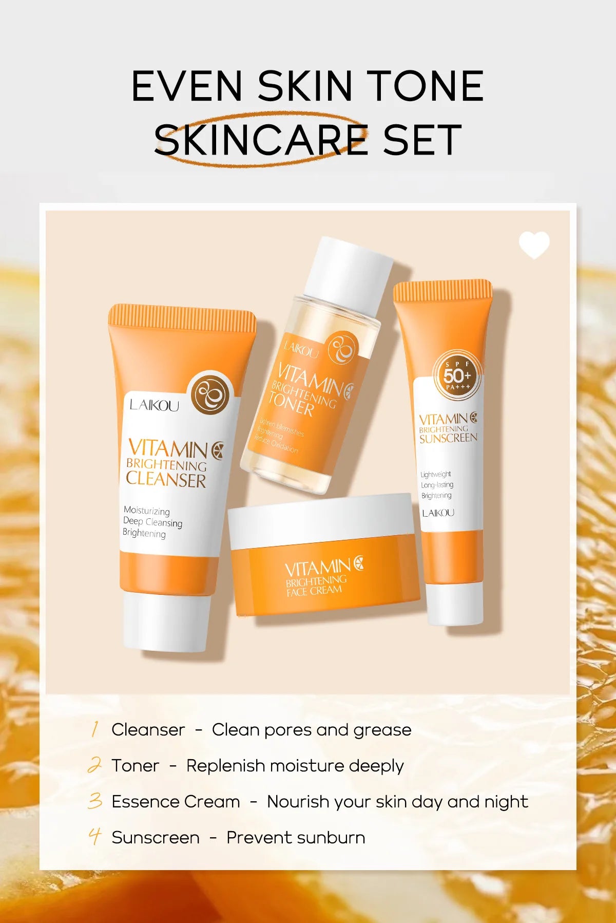 Vitamin-C-Hautpflege-Set 4-tlg. – Gesichtscreme, Reiniger, Essenz & SPF 50+ Sonnenschutz