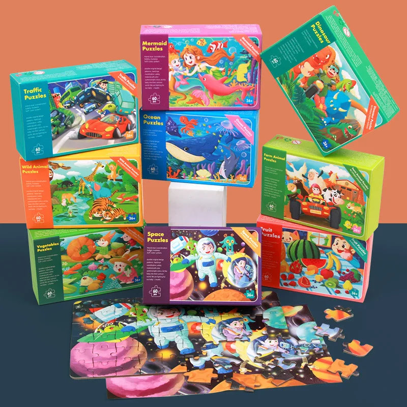 Jigsaw Puzzle Cartoon Animal Fruit Puzzles for Kids Educational Learning Toys Children Montessori Games 60-Piece Paper